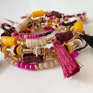 New Boho Yellow, Fuchsia And Tan Multi Strand Tassel Beaded Bracelet